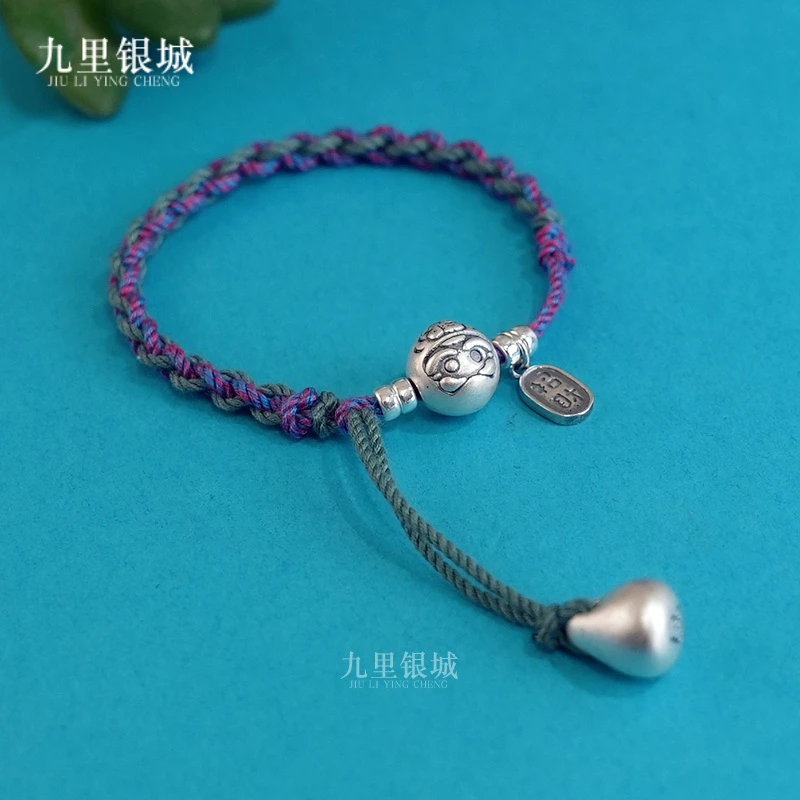925银手链 纯银达摩纯手工编绳复古手编秤砣手工银手链民族风手绳