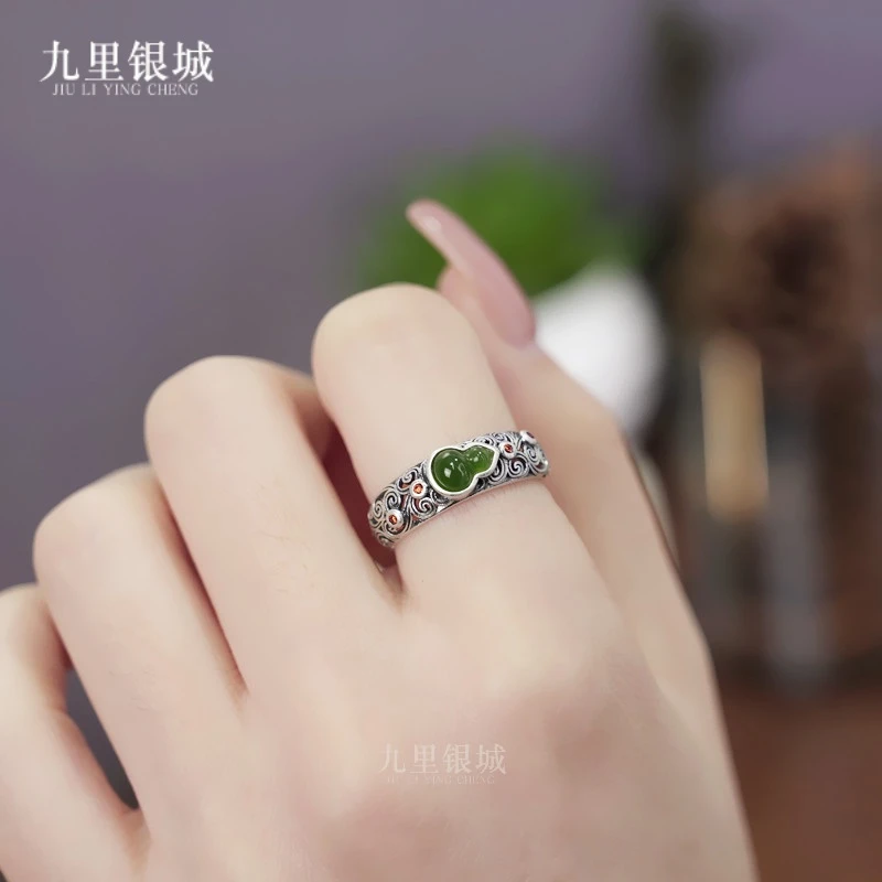 925银戒指 纯银葫芦福禄戒指手工镶嵌复古宫廷指环绿色小众礼物