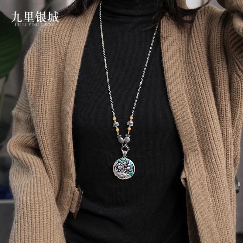 吊坠足银 古风纯银荷花锦鲤莲蓬莲花毛衣链吊坠复古珐琅烧蓝古风