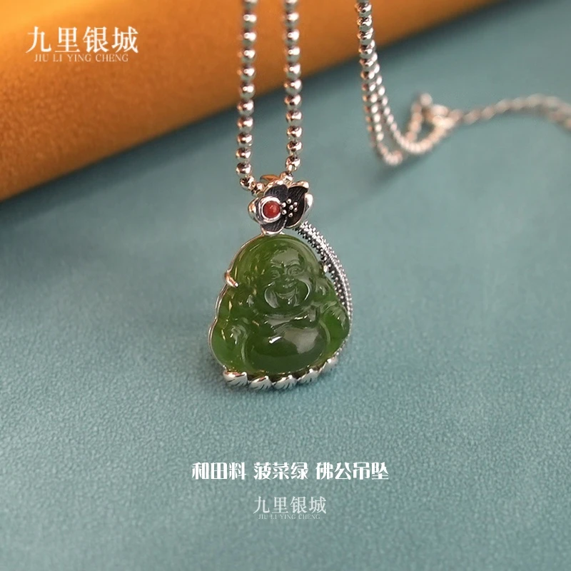 坠链均925银 纯银和田料小佛公吊坠手工银镶嵌气质菠菜绿项坠项链
