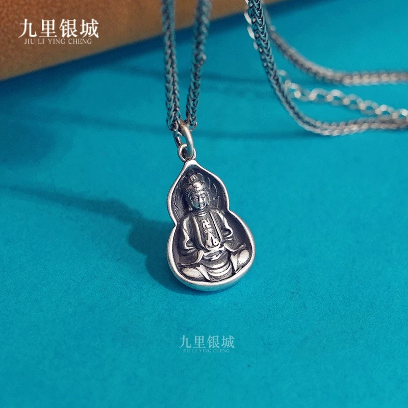 坠链均925银 纯银佛公项链复古哑光精致葫芦六字真言佛吊坠锁骨链