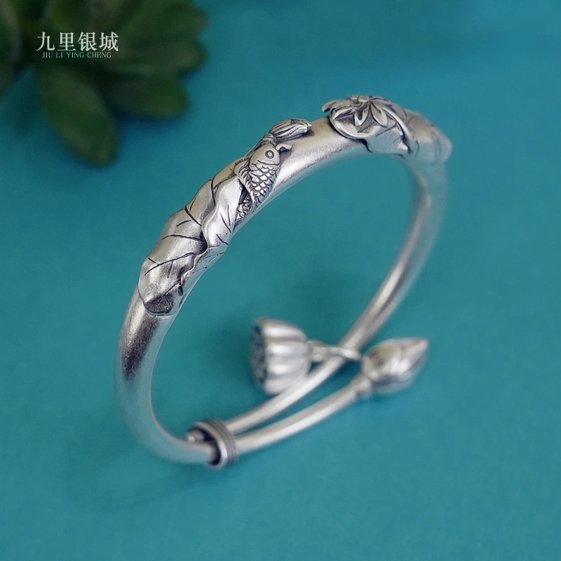 足银手镯 纯银锦鲤荷花古法银手镯复古云南手工银银镯子民族风
