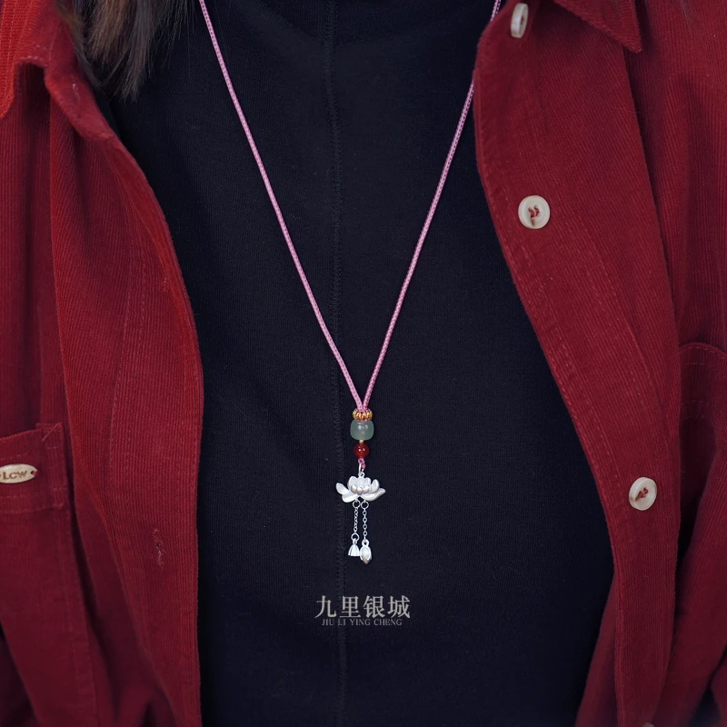 吊坠足银 990足银古法银莲花莲蓬两世欢秋冬长款项链精致毛衣链