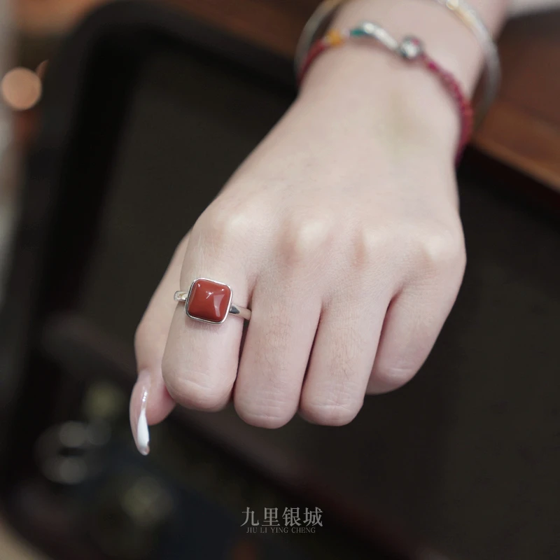 925银戒指 银方形方糖红色戒指显白女个性百搭复古食指指环红色