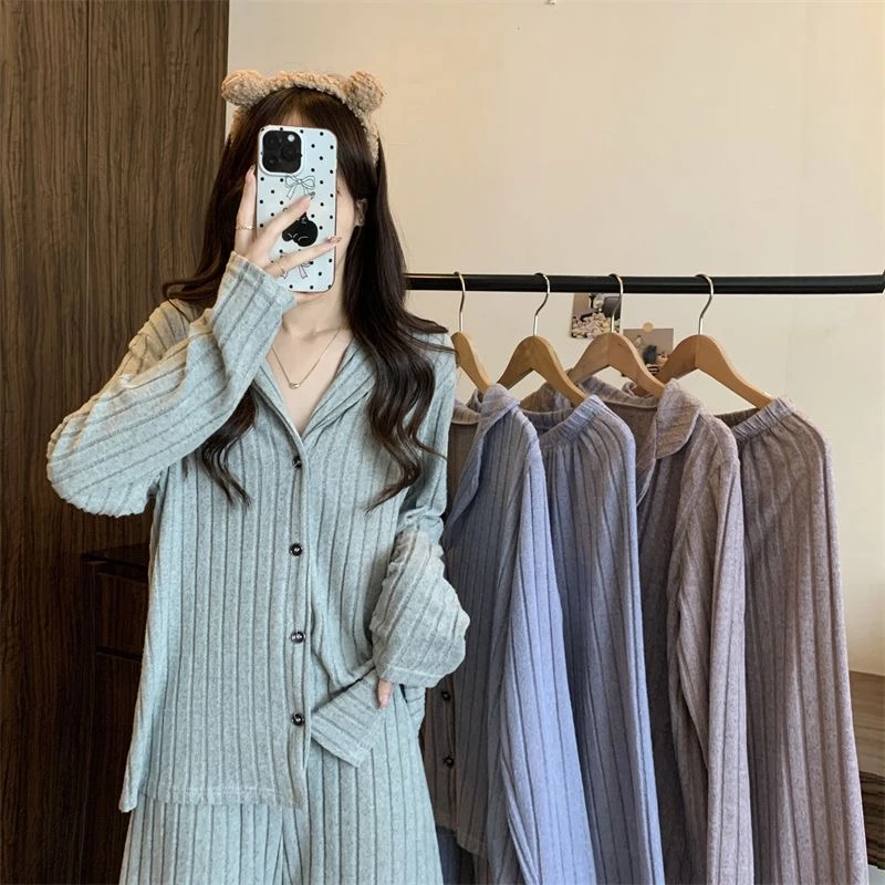 女士时尚简约长袖条纹居家套装