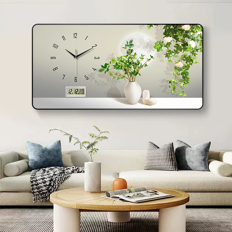 简约绿植数字电子万年历奶油风静音钟表挂钟客厅装饰画表挂墙时钟