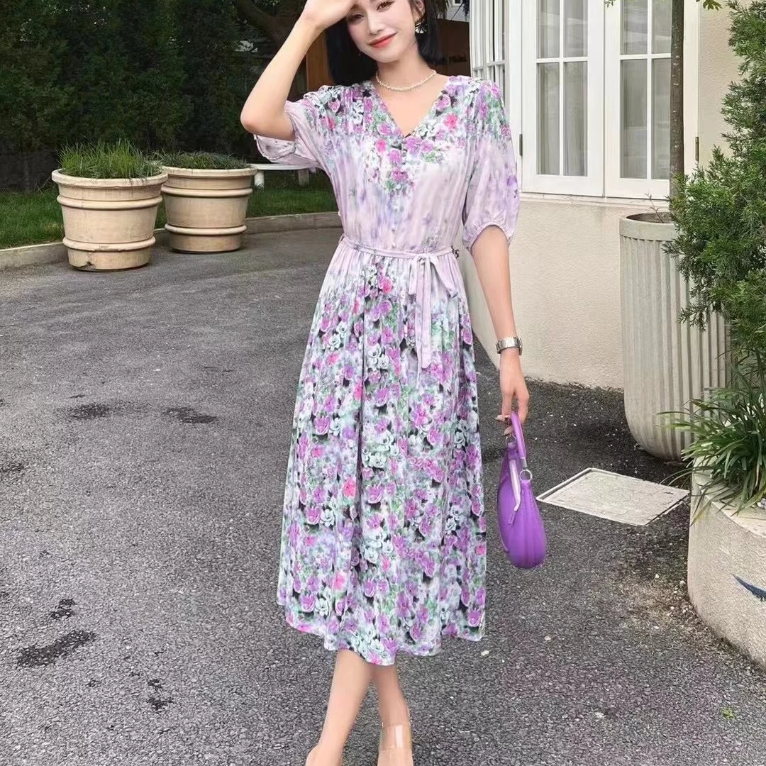 夏季女装休闲法式超显瘦长款复古气质碎花美休闲收腰时尚105#