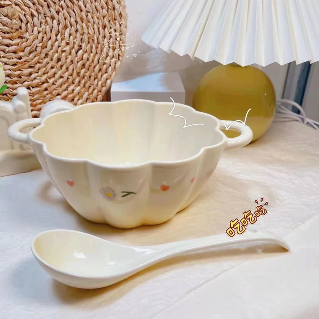 奶油风釉下彩紫藤花大容量汤碗勺双耳餐具