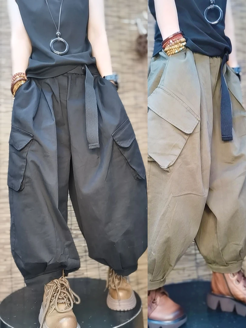 秋款个性时尚洗水棉侧口袋宽松版灯笼裤（八分）