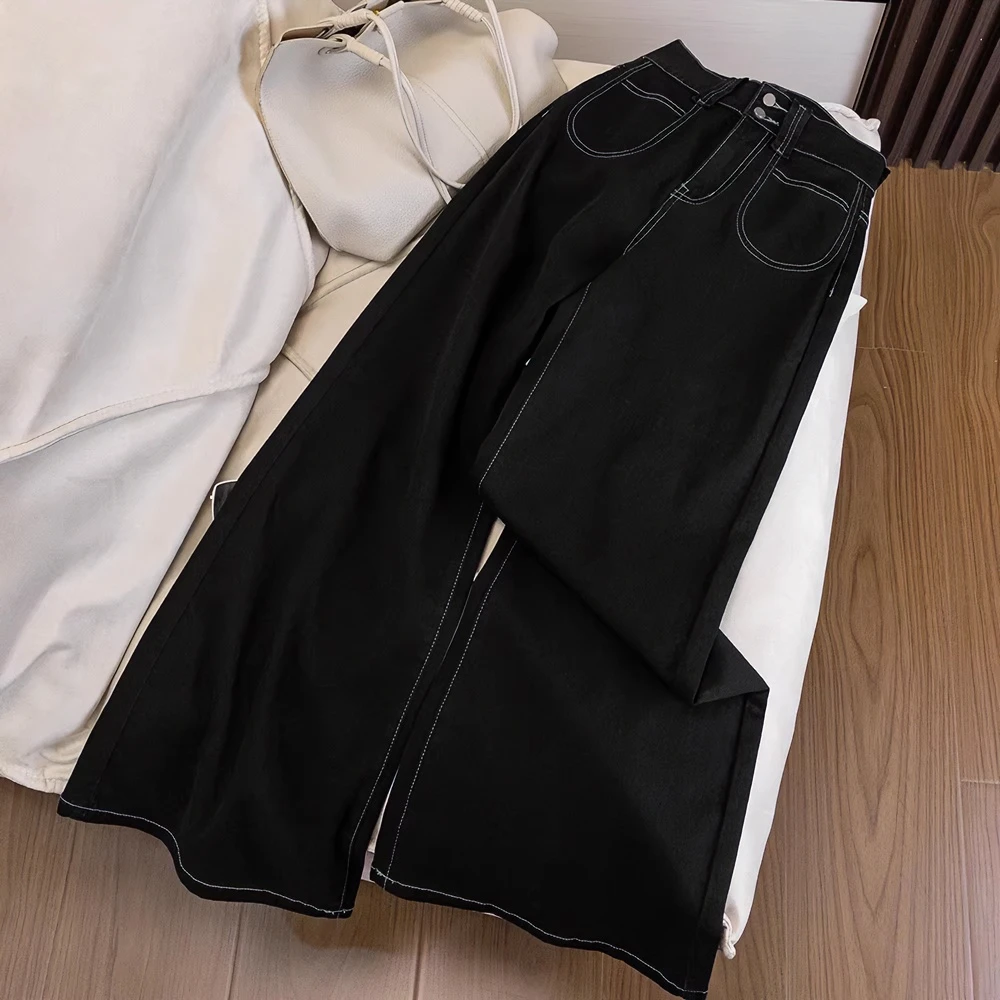 不贴腿黑色微喇牛仔裤女2024秋季显瘦a版阔腿裤宽松垂坠感拖地裤