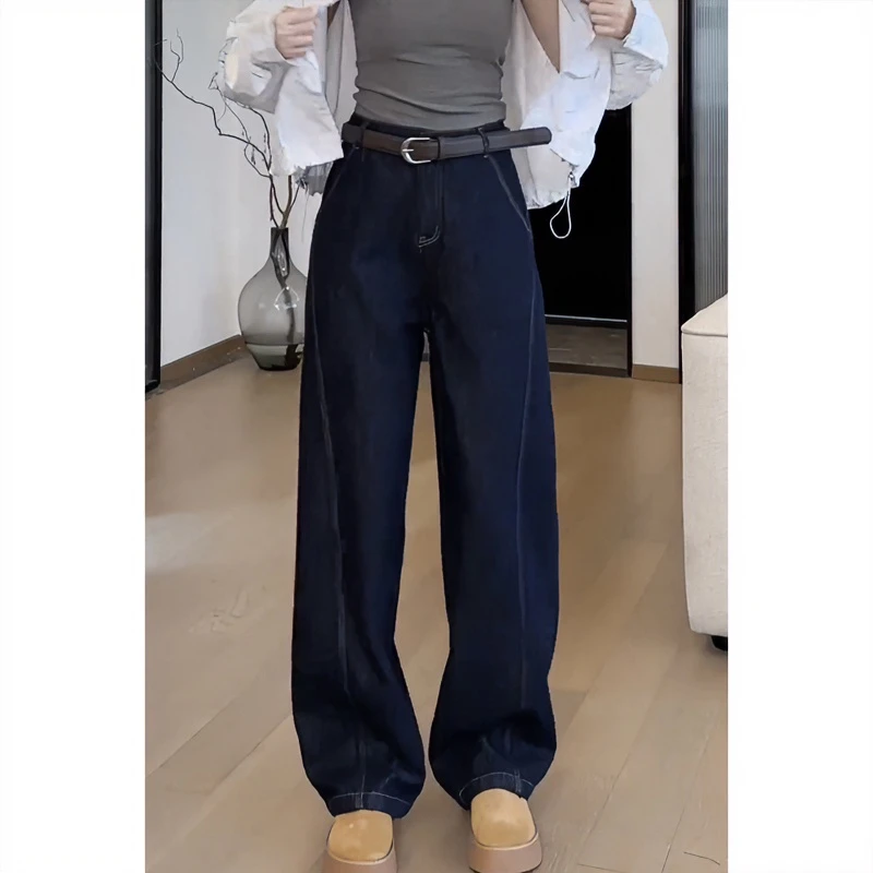 大码深蓝弯刀阔腿牛仔裤女2025春季新款高腰显瘦设计感百搭拖地裤