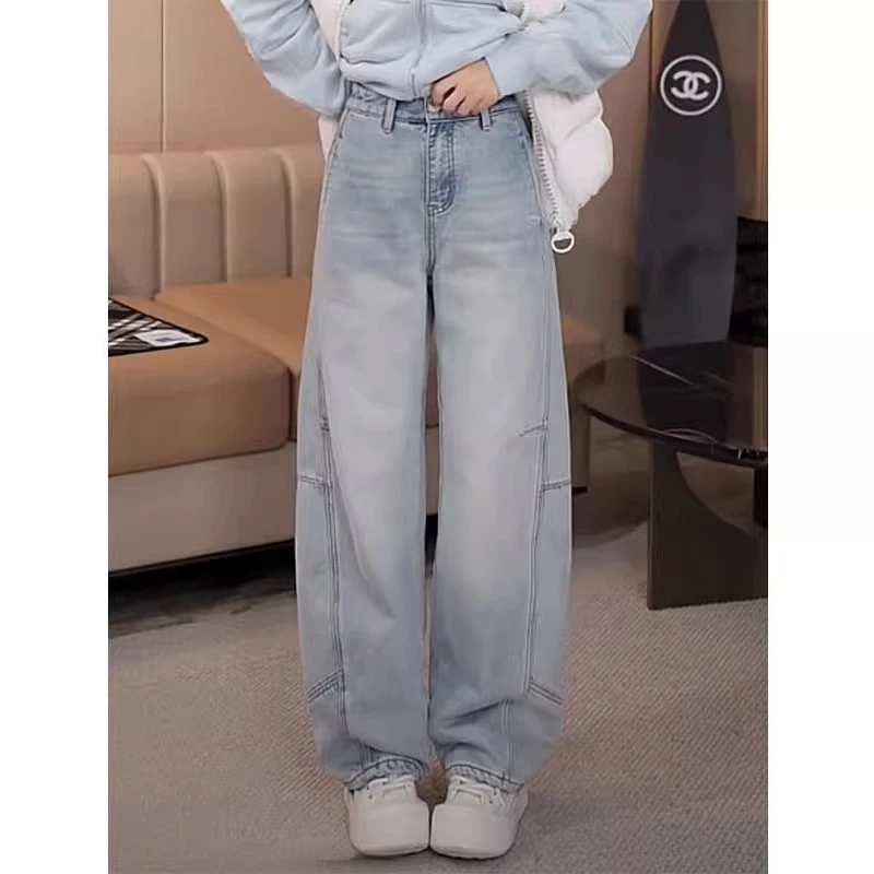 大码复古牛仔裤女2024冬季新款爆款胖mm宽松弯刀阔腿裤直筒拖地裤