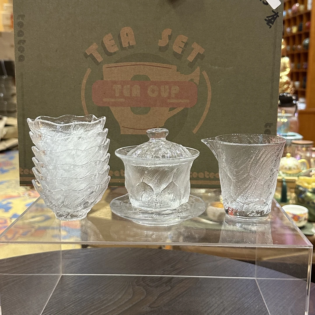 【闪购商品】高硼硅玻璃冰露锤纹三才盖碗八头套装014612