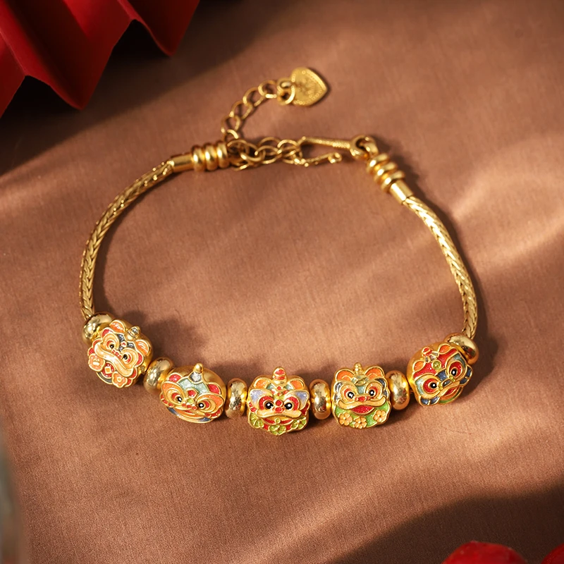 ×五虎醒狮黄金转运珠足金挂坠国潮烧蓝520送女友情人节礼物