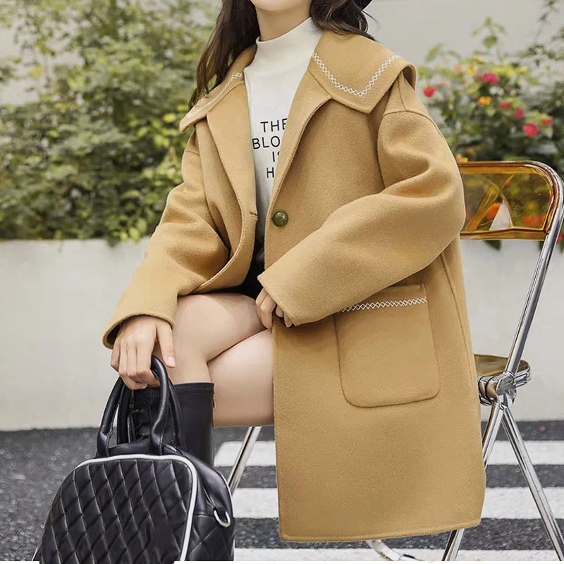 小个子必备女装大娃娃领毛呢外套女款韩版短款双面呢大衣（特价)