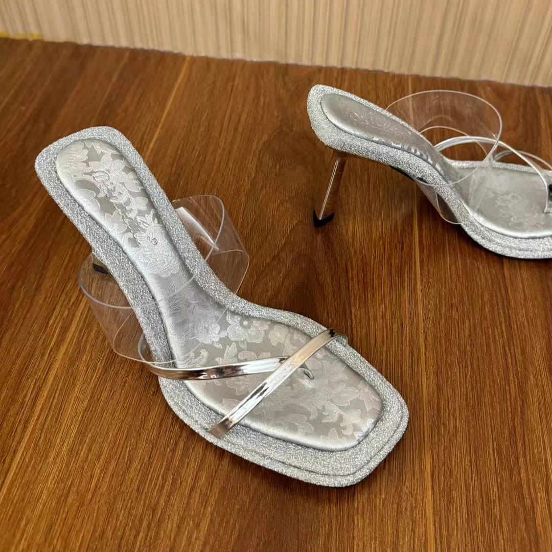 新中式国风小众设计感夹趾露趾细跟仙女风高跟一字带透明凉拖鞋女