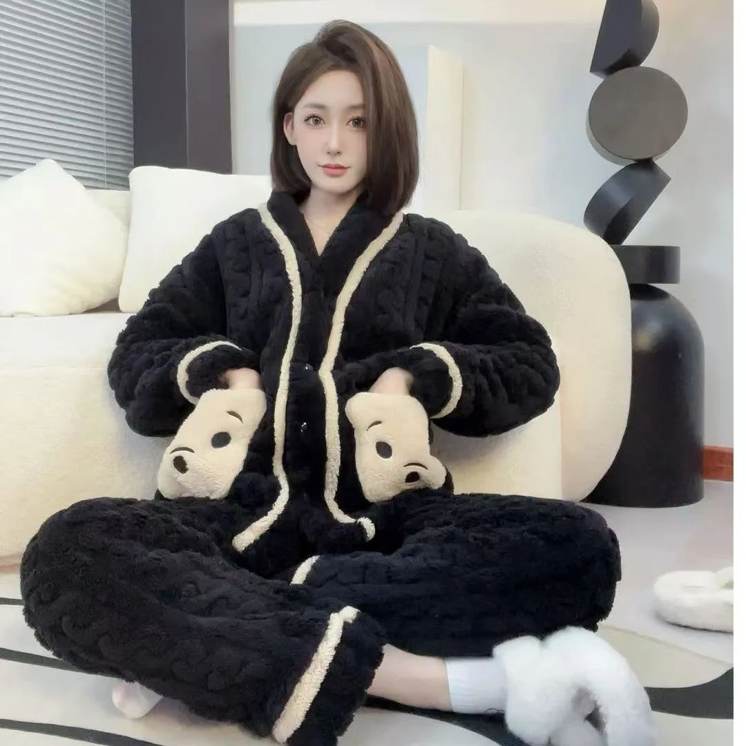 【口袋黑熊】睡衣女秋冬季新款加绒加厚保暖卡通可爱睡袍家居服套装