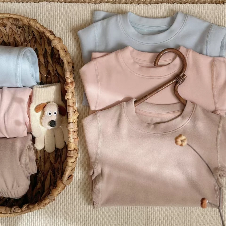 暖姜纤维儿童保暖套装秋冬无骨家居服宝宝套头纯色圆领（带礼盒）