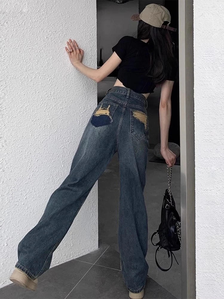 深蓝阔腿牛仔裤女春秋2025年新款大码高腰显瘦垂感直筒宽松拖地裤