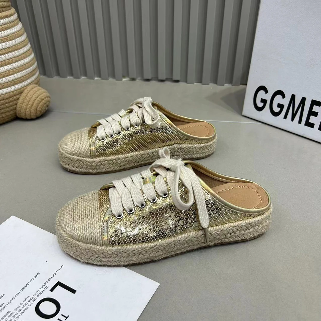 欧洲站麻头渔夫鞋亮片拖鞋2025春夏新款时尚百搭潮流网红包头拖鞋