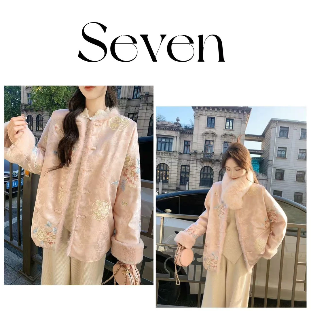 玉锦-新中式国风刺绣提花羽绒服拼接水貂毛