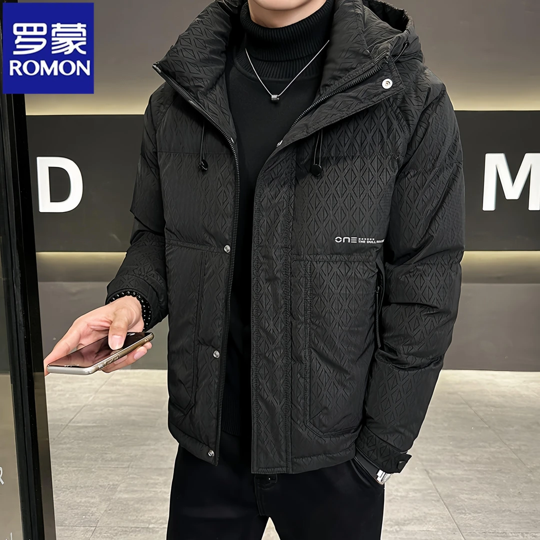 Romon/罗蒙冬季连帽印花羽服新款潮流加厚男士夹克时尚丝绒外套潮