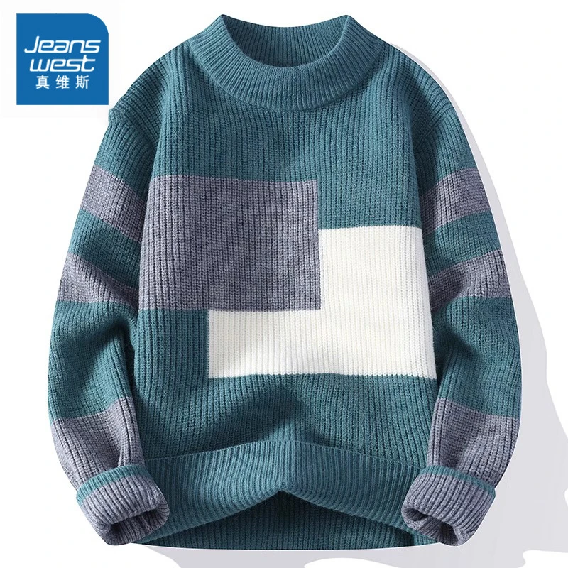真维斯男士毛衣2025秋冬季新款加厚保暖针织衫拼色圆领内搭毛线衣