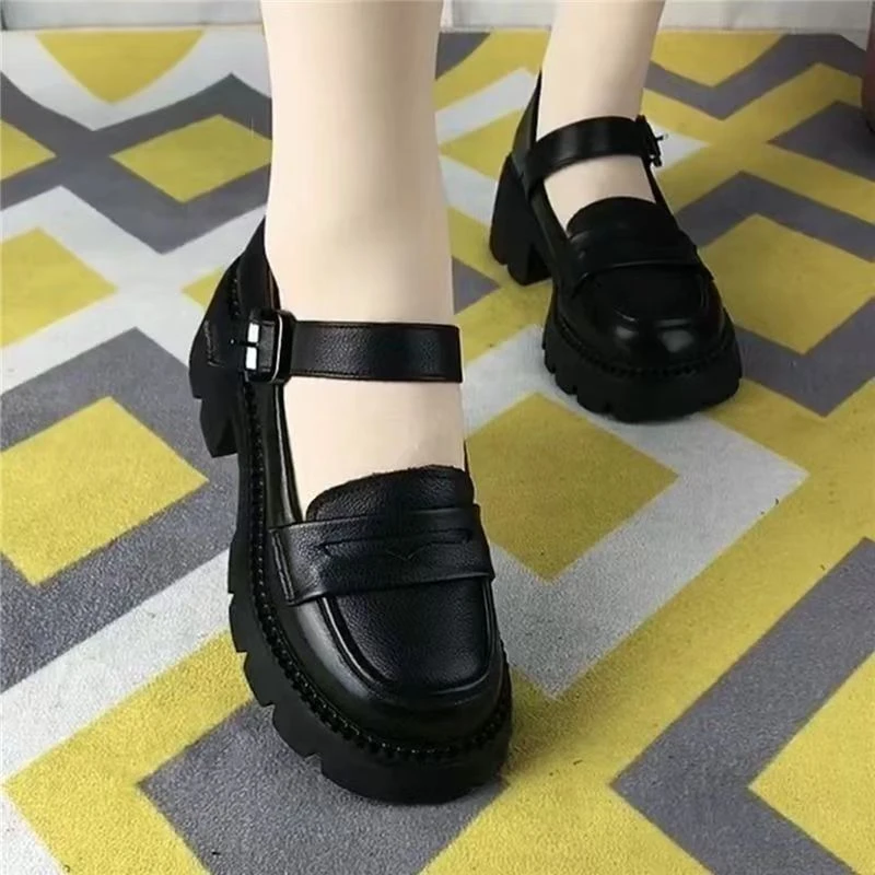 真软皮粗跟一字带单鞋玛丽珍小众鞋中跟轻便春夏女鞋百搭夏季女鞋