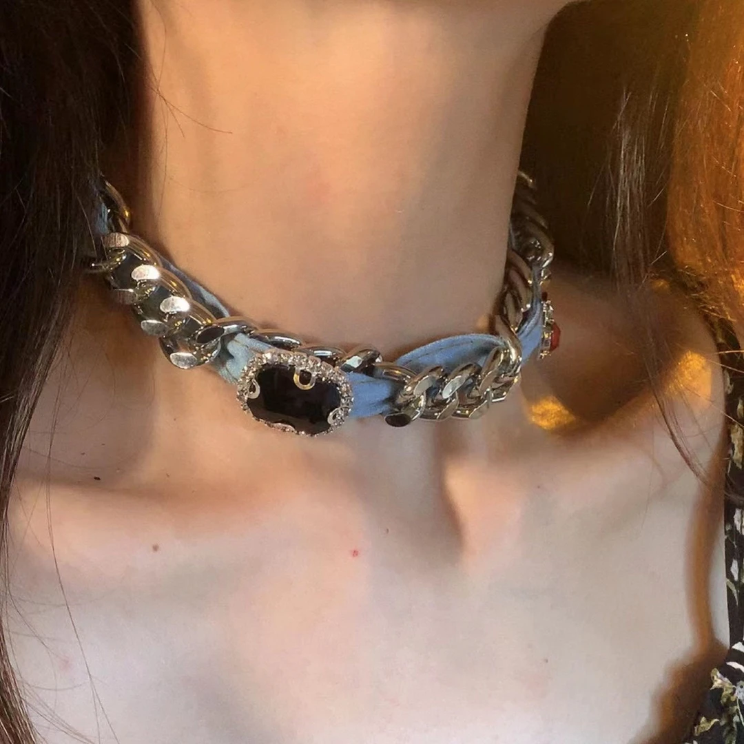 合金布艺项链 牛仔辣妹 重工布艺choker短款颈链锁骨链牛仔布项链