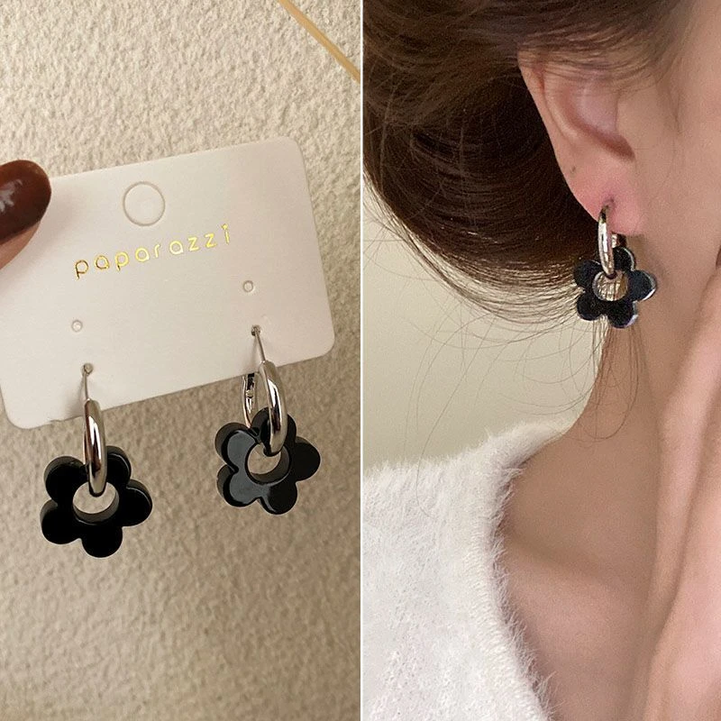黑色醋酸镂空花朵花瓣耳扣女小众简约冷淡风圆圈耳环耳钉耳圈耳饰