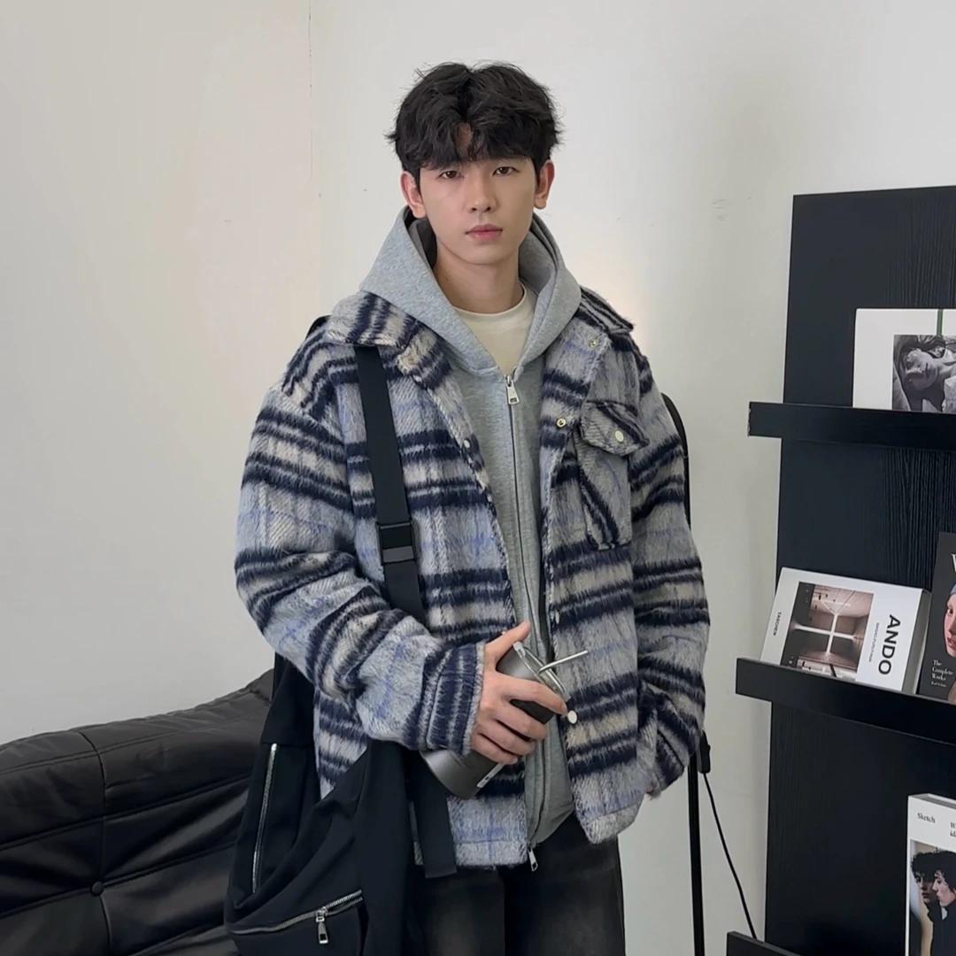 秋冬美式仿呢格子夹克男生潮男连帽小香风衬衫宽松港风时尚外套