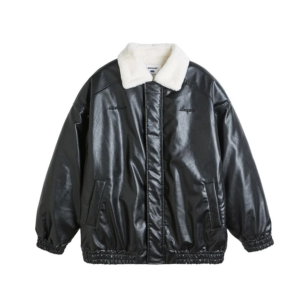 秋冬新款翻领亮面皮衣男士宽松休闲百搭复古潮流时尚青年保暖棉服