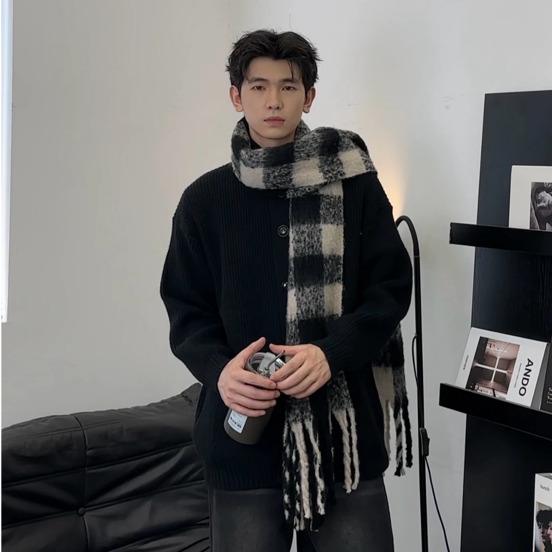 春秋氛围感半高领纽扣毛衣男生慵懒风时尚百搭港风韩系复古上衣