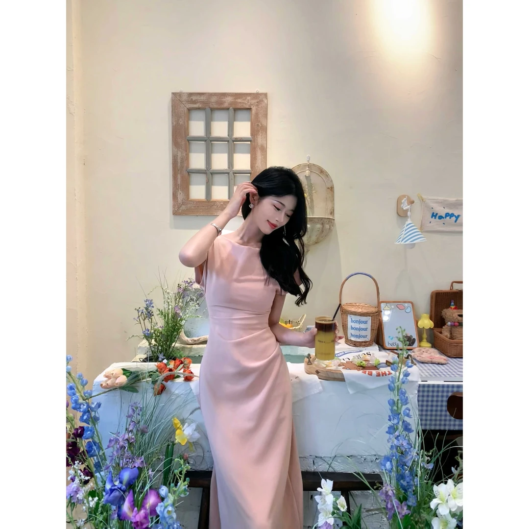 SHAOE清仓专场【白桃气息】一字露肩搭配收腰打褶显瘦收腰连衣裙