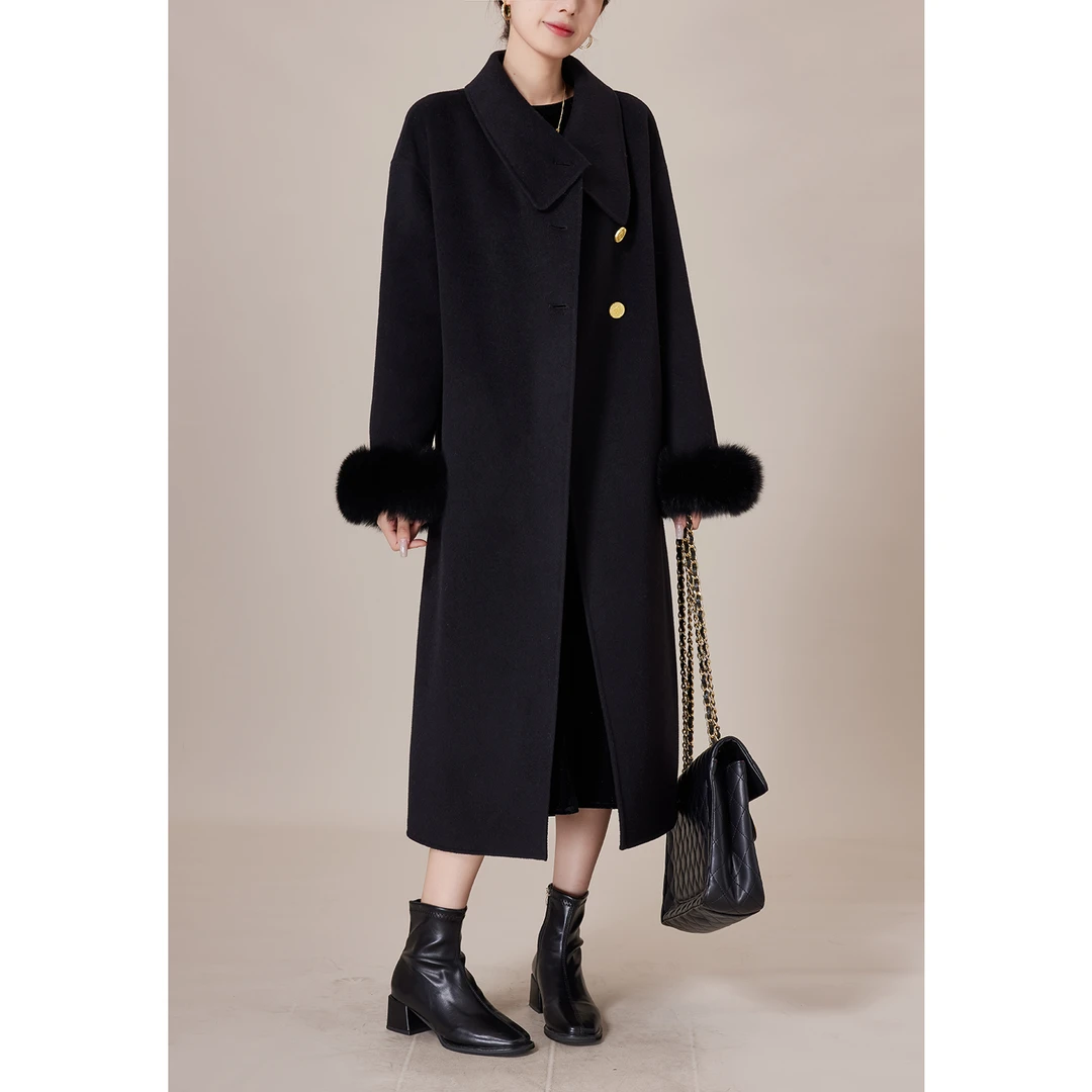 SHAOER清仓专场【圣尔曼】黑色双面女秋冬中长款狐狸毛呢子外套