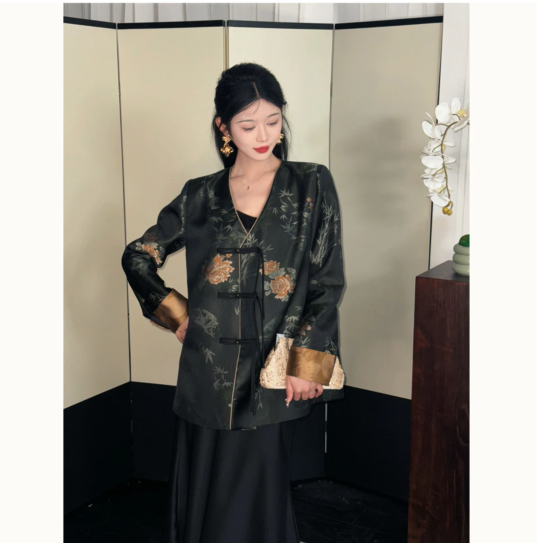 SHAOE清仓专场【黑金繁花】国风刺绣女春垂顺感宽松印花气质上衣