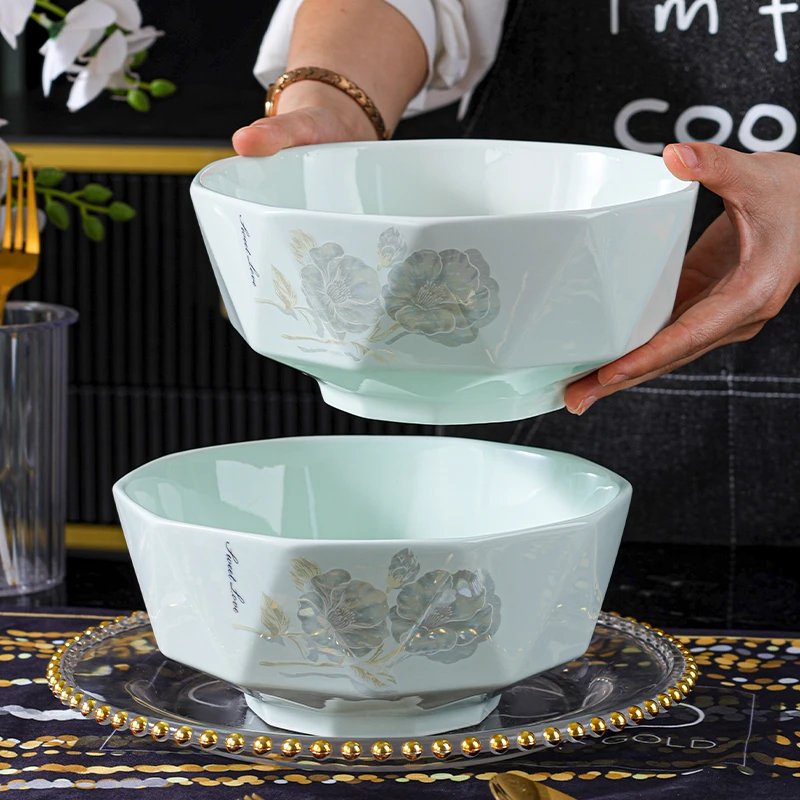影青钻石8英寸汤碗2个装家用陶瓷碗盘餐具大号家用喝汤泡面碗