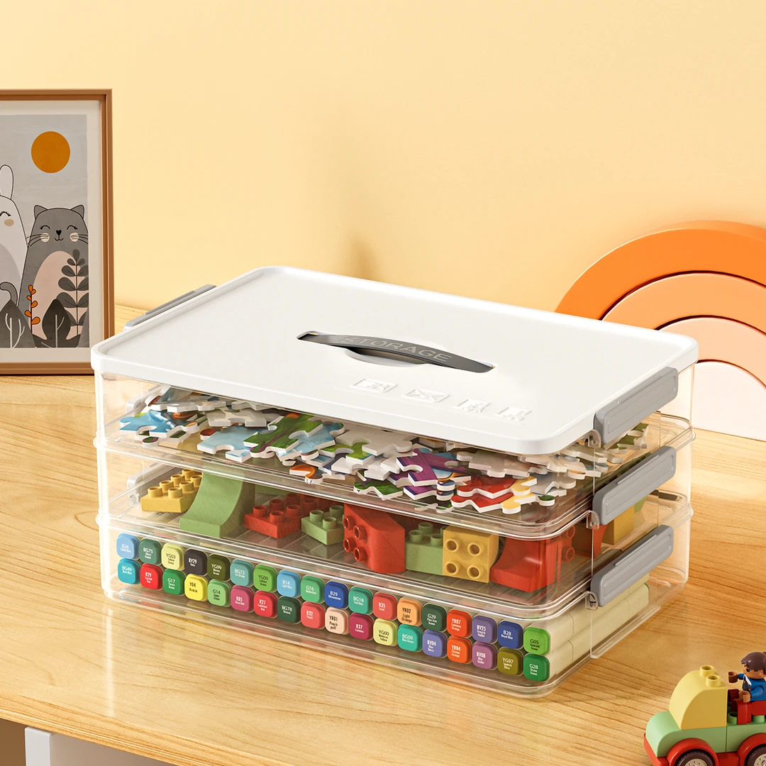 拼图收纳盒儿童画纸玩具分类整理筐叠加透明小颗粒零件收集存放盒