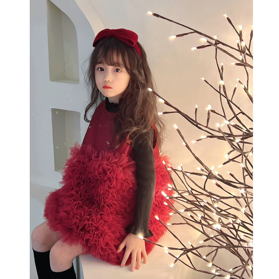 韩版童装女童新年款背心裙秋冬儿童洋气红色连衣裙宝宝蓬蓬公主裙