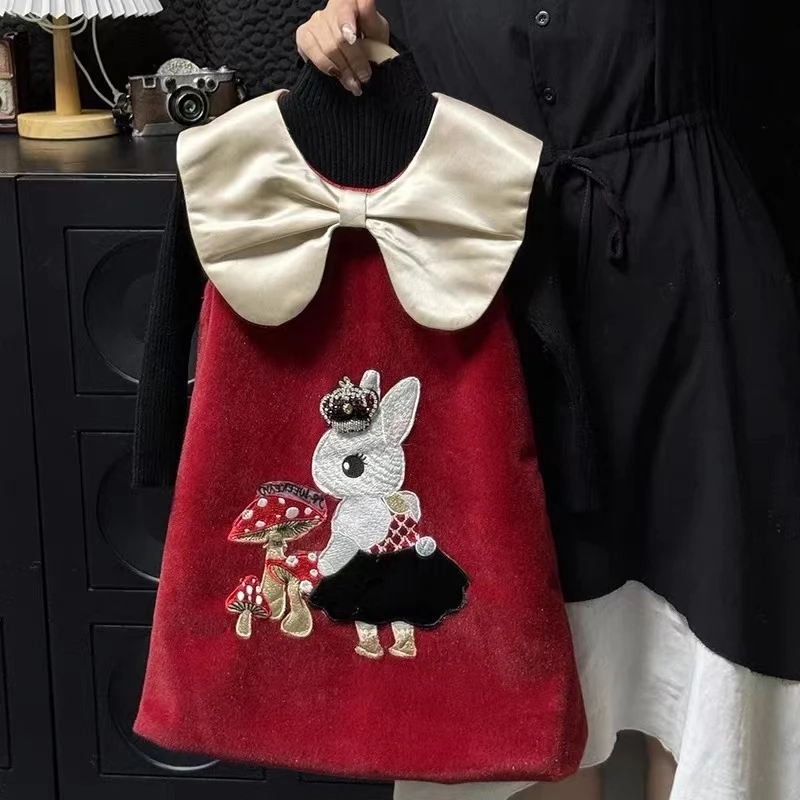 圣诞裙子儿童衣服女童红色毛呢背心裙冬季宝宝可爱兔子加绒公主裙