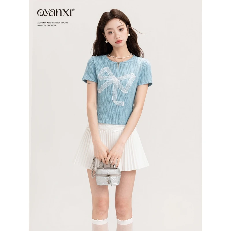 【OYANXI！清清！】春季蝴蝶结圆领短袖显瘦T恤