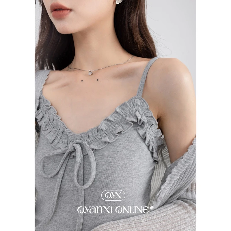 【OYANXI！清仓！】WW-221566简约花边长袖上衣女百搭遮肉背心吊带sz