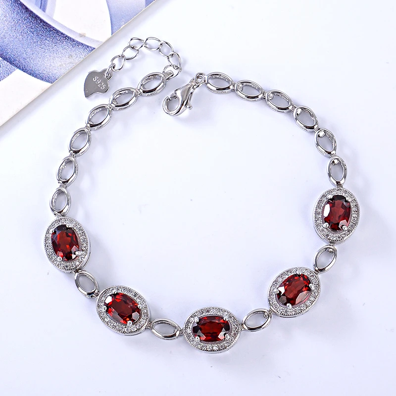 正品天然鸽血红宝石色石榴石925纯银镀18k白金手链手串可调节包邮