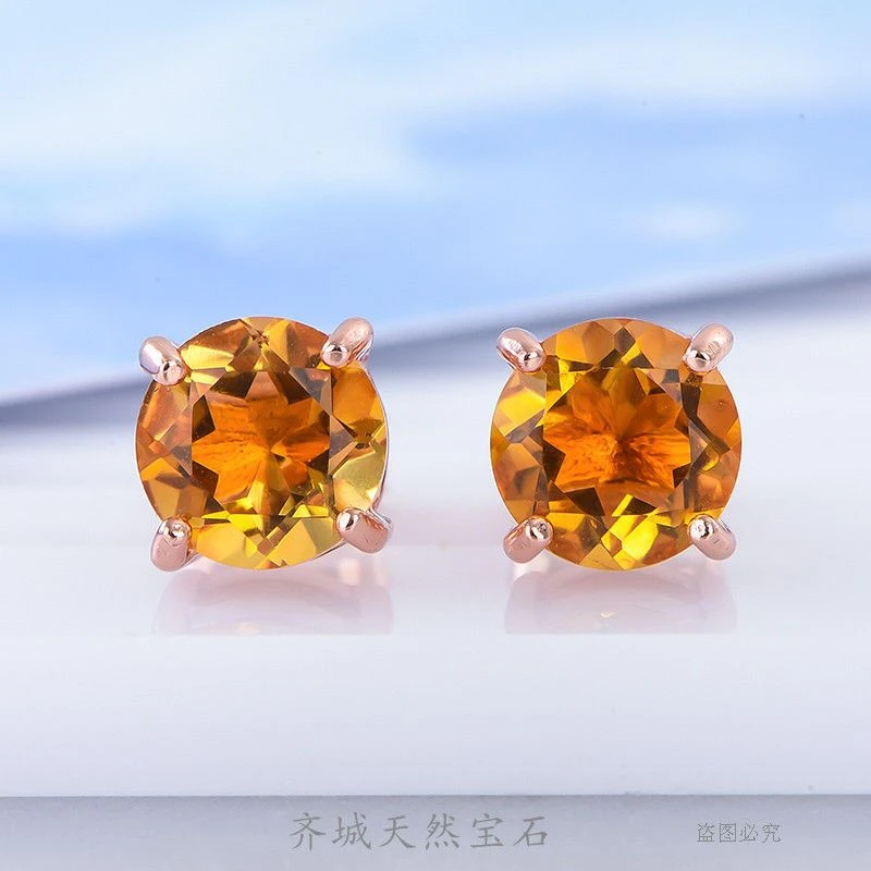 新款天然黄宝石色黄水晶纯银耳钉镀白金色玫瑰金色防过敏正品
