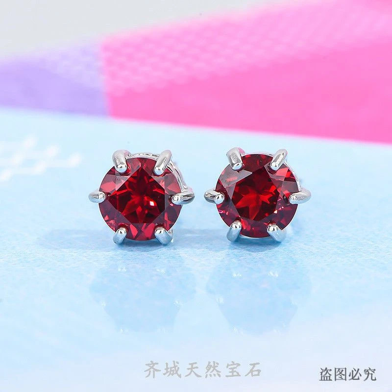 正品天然鸽血红宝色石榴石简单六爪纯银耳钉镀白金玫瑰金礼物