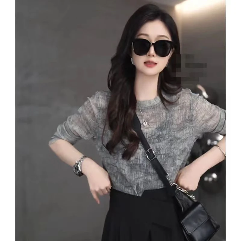 【长袖】微透薄款 复古银线圆领T恤女宽松显瘦慵懒风气质上衣1119