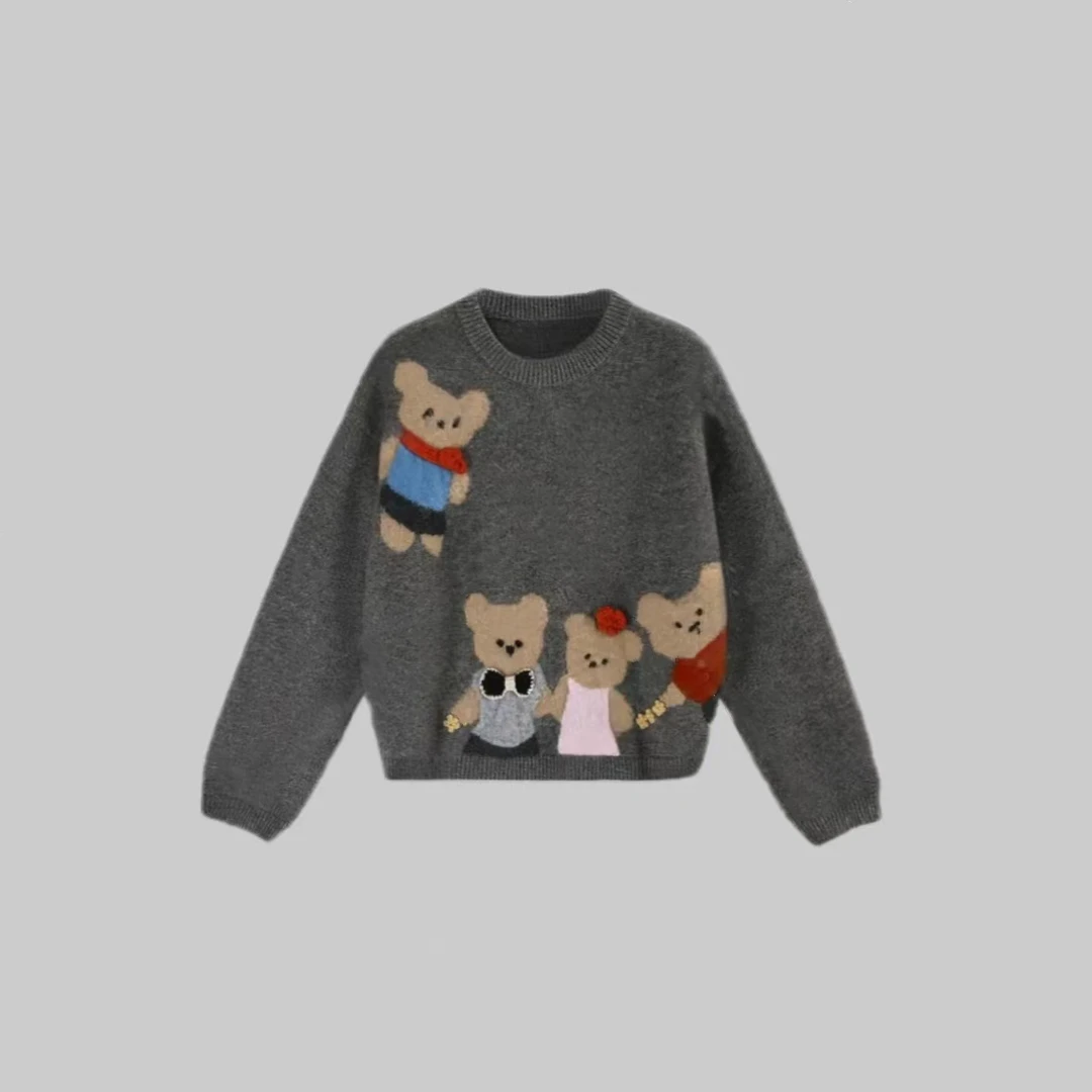 小熊毛衣~新款圆领套头长袖百搭洋气韩版厚款毛针织衫