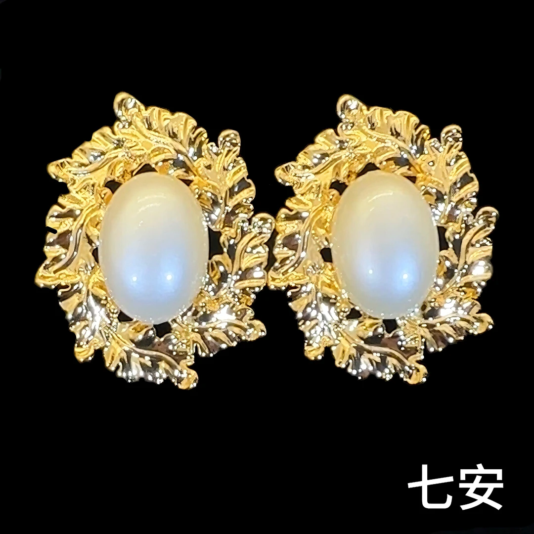 铜合金耳饰 铜合金仿珍珠耳饰 法式复古巴洛克树叶设计气质耳钉93