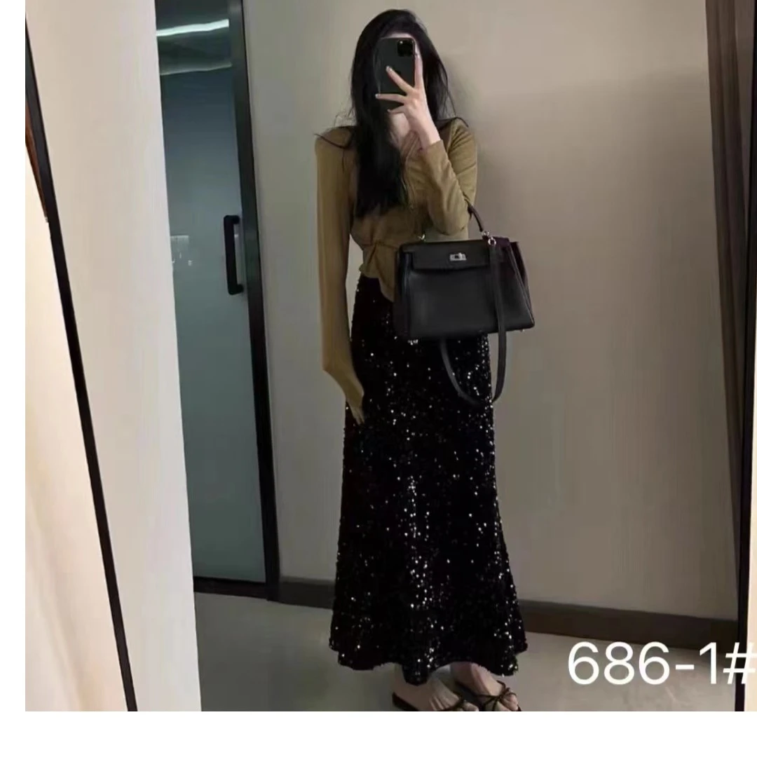百搭时尚秋季休闲高腰亮片半身裙鱼尾裙气质显瘦中长裙