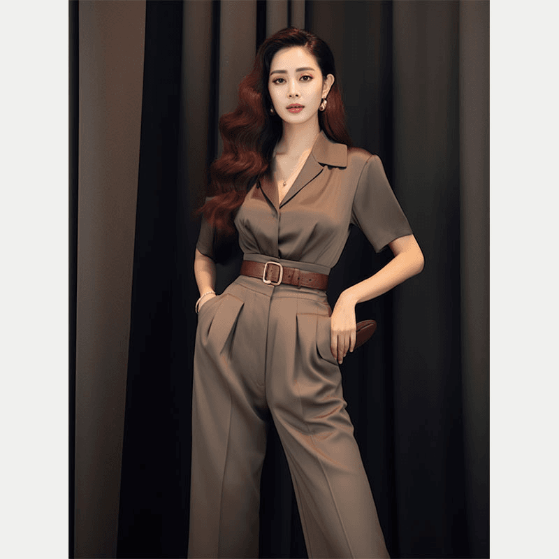 夏季新款一整套干练气质女装御姐职业高级感咖色衬衫裤子两件套女